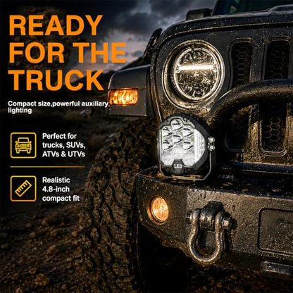 4PCS 7 Inch White Round Side Shooter Offroad Fog Lights Amber DRL 90W 3 Modes 270° Wide Range Super Bright LED Pods Light Kit with Wiring Harness for Pickup Truck ATV UTV SUV