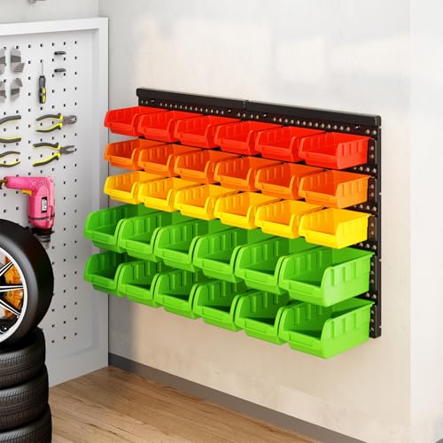 Wall Mounted Storage Bins Parts Rack 4 Colors Bin Organizer Garage Plastic Shop Tool (30 Count)