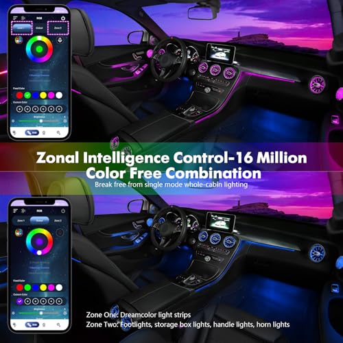 Dreamcolor Acrylic Car Interior Lights 18 in 1 RGB Car Ambient Lighting Kit APP Control Zoned Control System 252 Color Modes DIY 16 Million Colors Music Sound Active Neon Light Kits New Version