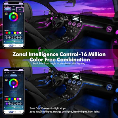 Dreamcolor Acrylic Car Interior Lights 18 in 1 RGB Car Ambient Lighting Kit APP Control Zoned Control System 252 Color Modes DIY 16 Million Colors Music Sound Active Neon Light Kits New Version