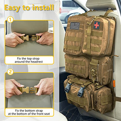 Universal Tactical Car Seat Back Organizer Bag Tactical Molle Vehicle Organizers Panel Vehicle Protector Organizers with 5 Detachable Pouches for Car Truck Ford Jeep