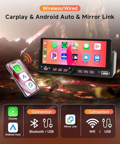 6.86" Single Din Car Stereo with Wireless CarPlay and Android Auto
