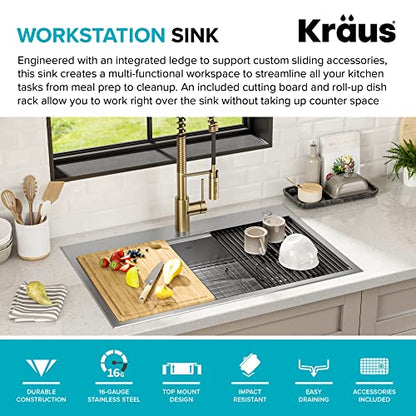KWT310-33/5.5 Kore ADA Workstation 33-inch Drop-In Topmount 16 Gauge Stainless Steel Single Bowl Kitchen Sink with Accessories, 33 Inch