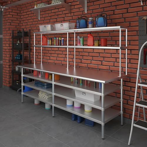 30" x 96" Stainless Steel Work Table with 3 Shelves and 12" Wide Double Tier Overshelf