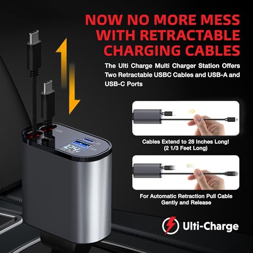 Ulti Charge Car Phone Charger 120W Fast Charging Retractable Cigarette Lighter USB C Charger