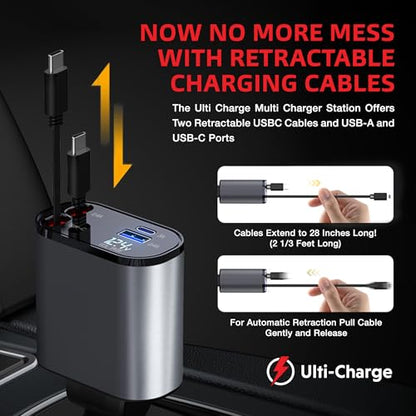 Ulti Charge Car Phone Charger 120W Fast Charging Retractable Cigarette Lighter USB C Charger