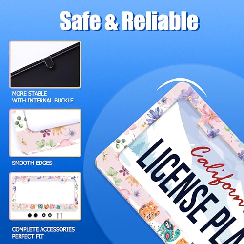 Cat Flowers License Plate Frame Stainless Steel Accessory 12.3x6.3 Inch