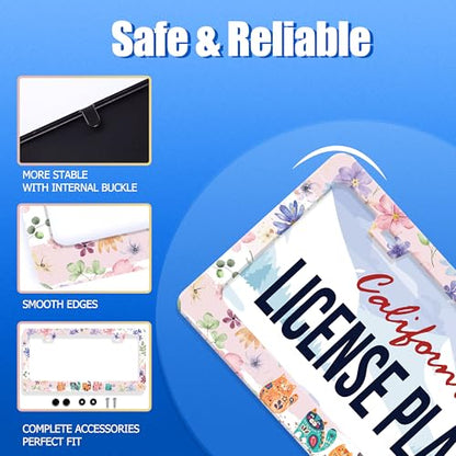 Cat Flowers License Plate Frame Stainless Steel Accessory 12.3x6.3 Inch