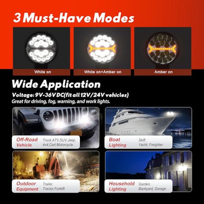LED Light Pods Bar 4 Inch 30000LM 60W Round Spot Flood Amber White Driving Offroad Fog Work Backup Bumper for Truck Jeep ATV UTV SUV Tractor Motorcycle 4x4 Cart Trailer Boat Waterproof 2PCS