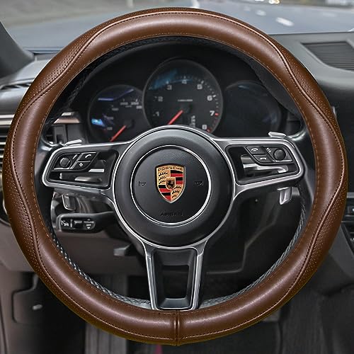 Top Grade Brown Genuine Leather Steering Wheel Cover Men Women