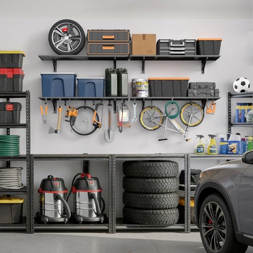 2 Pack Wall Mounted Garage Shelving with 8 Hooks (2 Count)