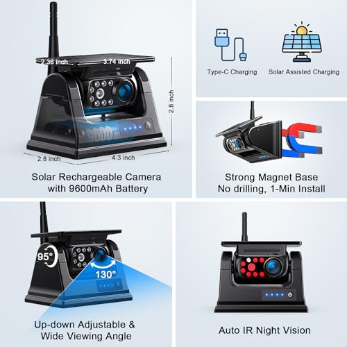 7" HD 1080P Magnetic Solar Wireless Backup Camera 1 Min DIY Install