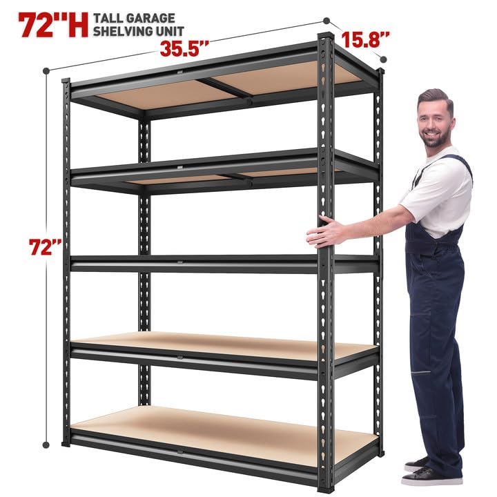 2000LBS Garage Shelving Heavy Duty Storage Shelves 72" H Metal Shelving for Garage Shelves Adjustable 5 Tier Metal Shelf for Pantry Closet Kitchen Basement 35.5" W x 72" H x 15.8" D