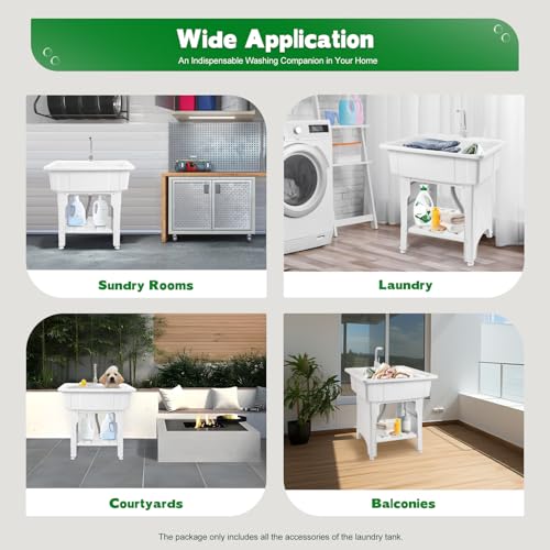 Freestanding Utility Sink Plastic Laundry Tub Sink with Storage Shelf Indoor Outdoor Slop Sink Wash Station for Bathroom Laundry Washing Room