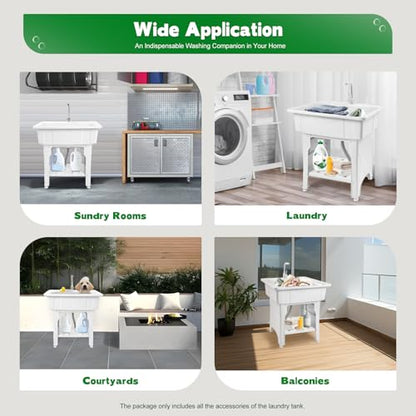 Freestanding Utility Sink Plastic Laundry Tub Sink with Storage Shelf Indoor Outdoor Slop Sink Wash Station for Bathroom Laundry Washing Room