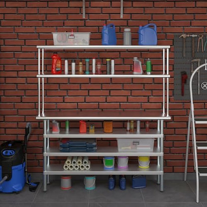14" x 60" Stainless Steel Work Table with 3 Shelves and 12" Wide Double Tier Overshelf