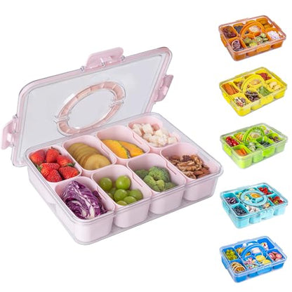 Divided Snack Serving Tray with Lid and Handle Travel Snackle Charcuterie Container Portable Storage Organizer for Candy