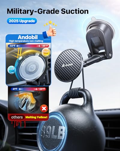 Military Grade】andobil 3 in1 Magnetic Phone Holder for Car Dashboard Windshield Vent 【Upgrade Suction & Strongest Magnet】Retractable for MagSafe Car Mount Mats for iPhone 17 16 15 14 Pro Max Sumsung