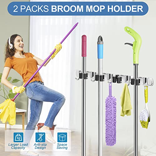 2 Pack Broom Holder Wall Mount Stainless Steel Mop Organizer