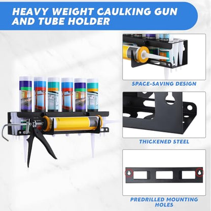 2 Pack Caulking Tube and Gun Holder 6 Slot 16.3 x 6.1 x 3.4 inch Caulking Gun Storage Rack with Horizontally Base Sealant Organizer for Garage Workshop Work Van Wall Mounted Tubes and Nozzle (2 Count)