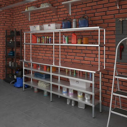 18" x 96" Stainless Steel Work Table with 3 Shelves and 12" Wide Double Tier Overshelf