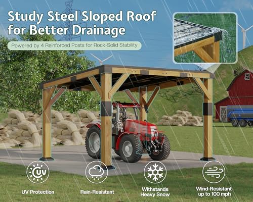 10x12x8 FT Cedar Wood Carport with Sloped Galvanized Steel Roof