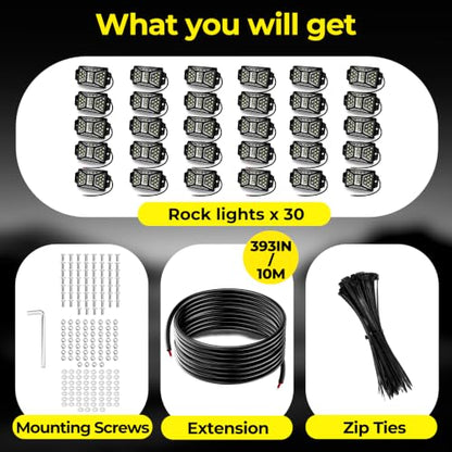 30 Pods 810 LEDs 6000K White Rock Lights with 32.8FT Extension Wire (30 Count)