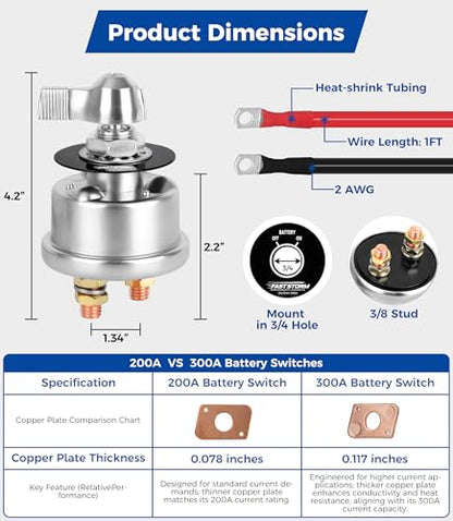 300A 12V 48V Battery Disconnect Switch with 2GA Cable Side Post Mounting Bracket High Current Battery Cut Off Heavy Duty Master Switch for Car Boat RV ATV UTV Vehicles
