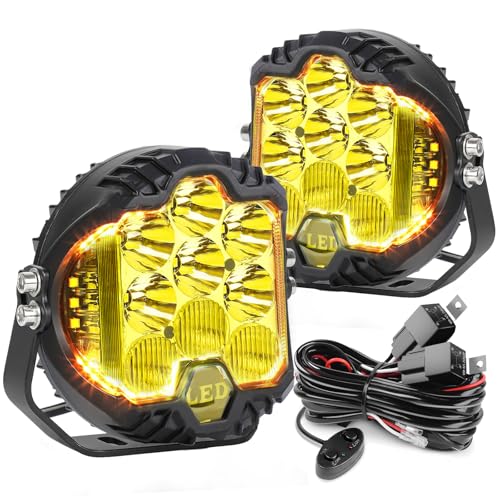 2PCS 7 Inch Yellow Round Side Shooter Offroad Fog Lights Amber DRL 90W 3 Modes 270° Wide Range Super Bright LED Pods Light Kit for Pickup Truck ATV UTV SUV with Wiring Harness