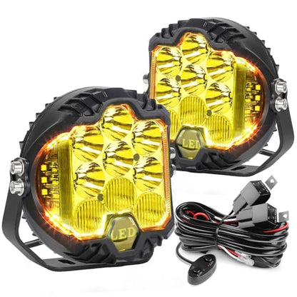 2PCS 7 Inch Yellow Round Side Shooter Offroad Fog Lights Amber DRL 90W 3 Modes 270° Wide Range Super Bright LED Pods Light Kit for Pickup Truck ATV UTV SUV with Wiring Harness
