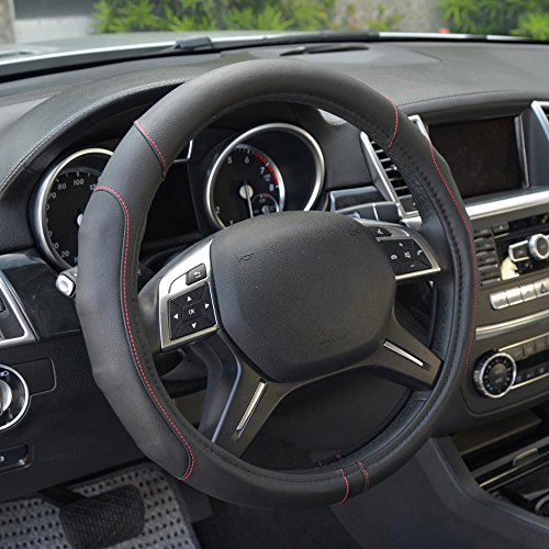 GripDrive Faux Black Leather Steering Wheel Cover for Car Truck Van SUV