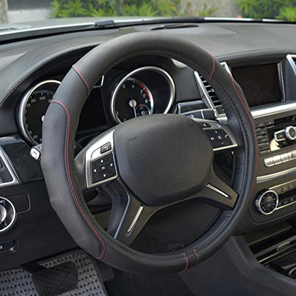 GripDrive Faux Black Leather Steering Wheel Cover for Car Truck Van SUV