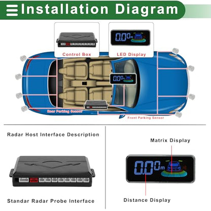Auto Vehicle Reverse Backup Radar System Reverse Parking Sensors Sound Warning Alarm Buzzer Reminder Distance Detection Silver Tone 8 Parking Sensors