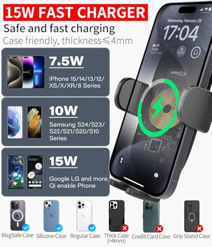 15W Qi Fast Wireless Car Charger Solid Cup Holder Phone Mount