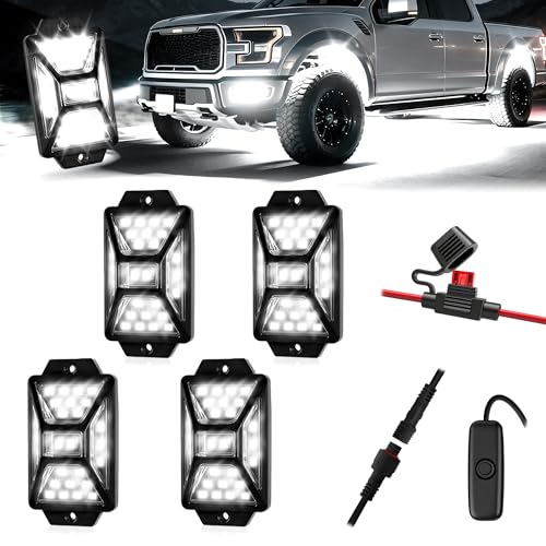4 Pods Pure White LED Rock Lights Kit with Switch Wiring Harness (4 Count)