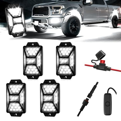 4 Pods Pure White LED Rock Lights Kit with Switch Wiring Harness (4 Count)