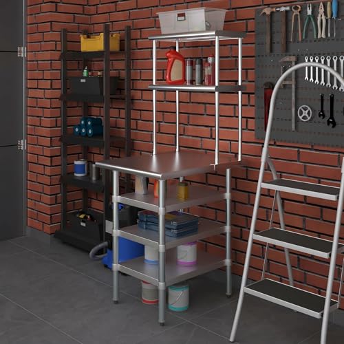 30" x 24" Stainless Steel Work Table with 3 Shelves and 12" Wide Double Tier Overshelf