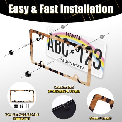 Brown Cow Print License Plate Frame Animal Spots License Holder with 4 Hole