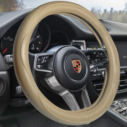 Top Grade Beige Genuine Leather Steering Wheel Cover Men Women