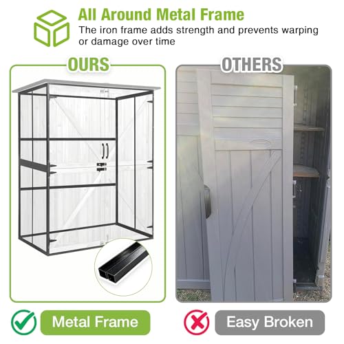 Outdoor Storage Cabinet Durable Metal Frame and Solid Wood Vertical Tool Shed with 3 Adjustable Height Shelves and Bottom Floor for Patio