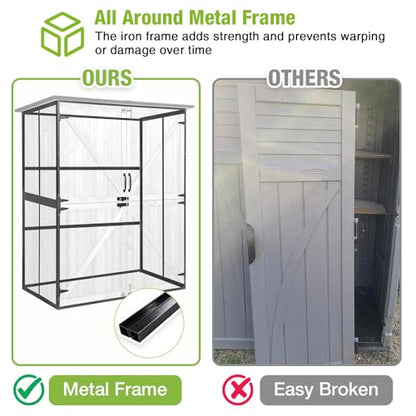 Outdoor Storage Cabinet Durable Metal Frame and Solid Wood Vertical Tool Shed with 3 Adjustable Height Shelves and Bottom Floor for Patio