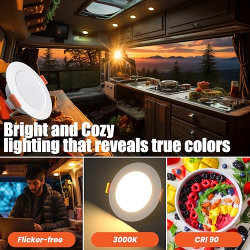 3 Inch RV Recessed Ceiling Lights 12V 3W 3000K (6 Count)