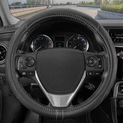 GripDrive Faux Black Leather Steering Wheel Cover for Car Truck Van SUV