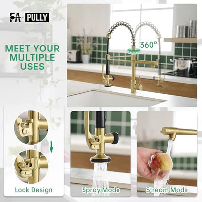 Commercial Brushed Gold Kitchen Faucet with Pull Down Sprayer