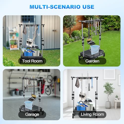 Broom and Mop Holder Freestanding Mobile Cleaning Tool Storage Rack