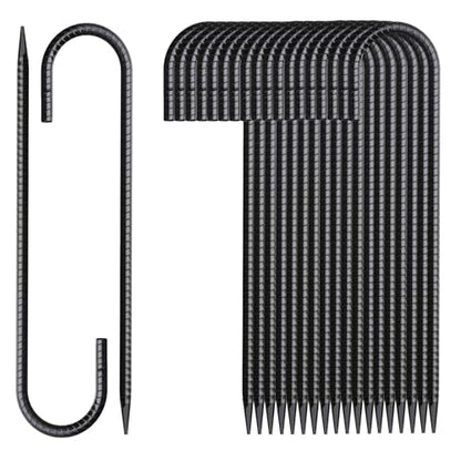 Rebar Stakes 16 Inch 20 Pack J Hook Ground Stakes Heavy Duty Tent Stakes Chain Link Fence Stakes with Chisel Point End Galvanized Steel Ground Anchors Metal Spikes Black Coated (20 Count)