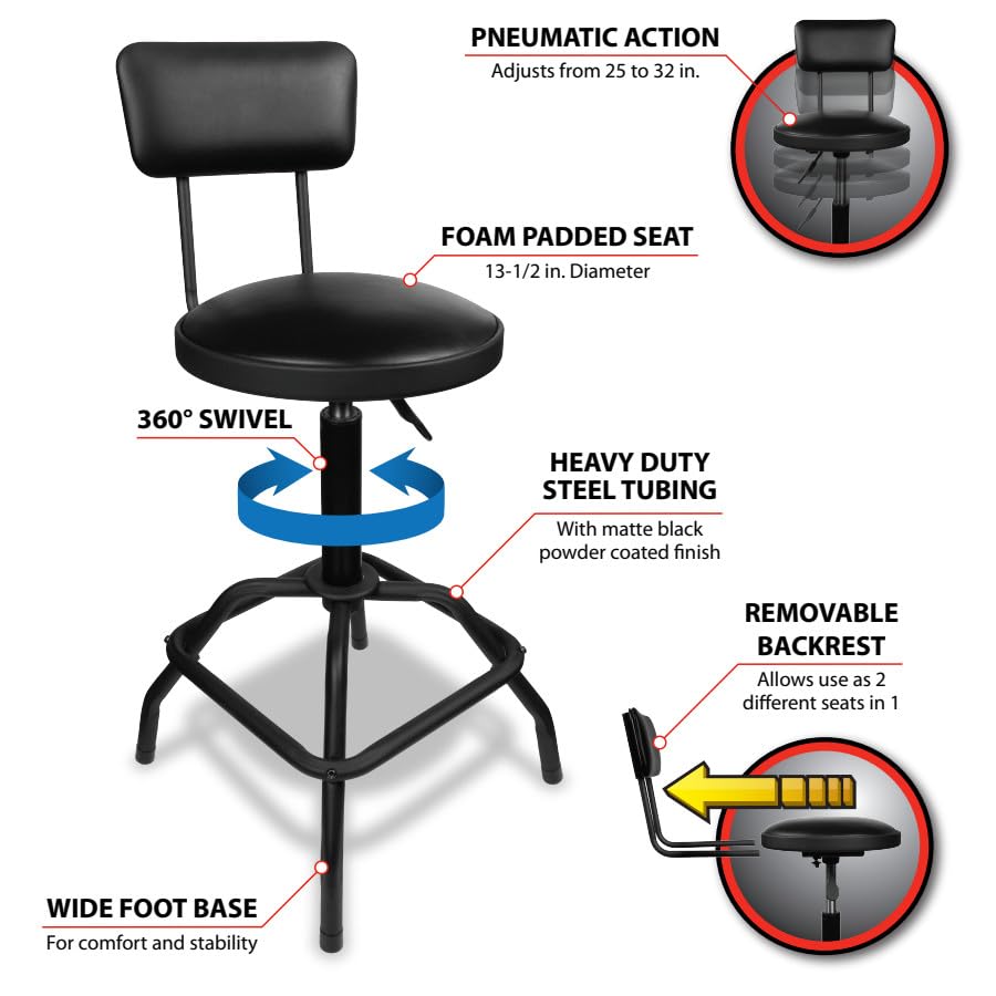 W85016 Pneumatic Shop Stool with Removable Backrest
