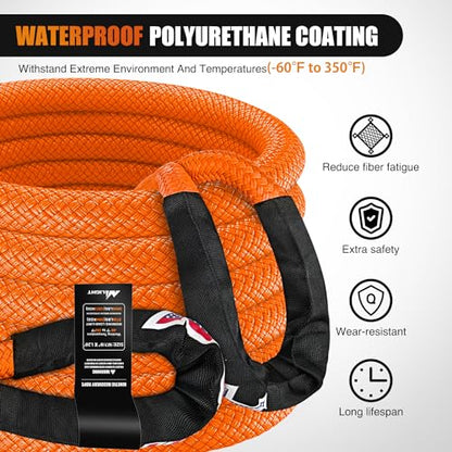 Kinetic Recovery Rope 33000 LBS 1" x 30ft Snatch Strap Heavy Duty Offroad Towing Starp Kit Vehicle Recovery kit for UTV ATV SUV Truck Car Jeep Tractor