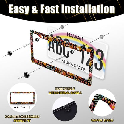 Stainless Steel Beautiful Flowers License Plate Frame 12.2 x 6.2 Inch