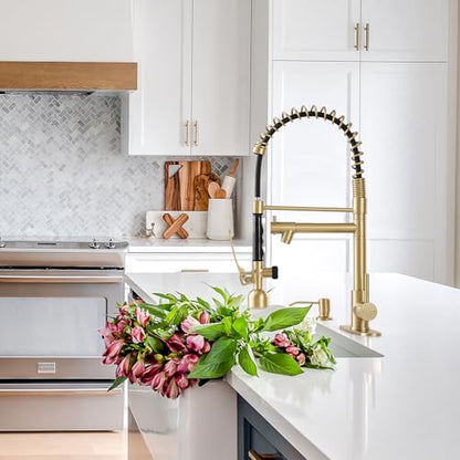 Commercial Kitchen Faucets with Pull Down Sprayer Brushed Gold LED